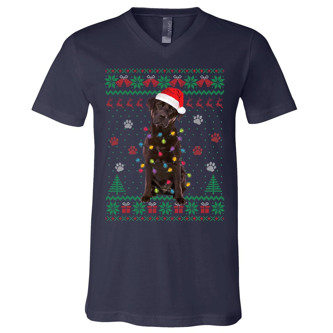 Chocolate Lab Labrador Christmas Lights Dog Ugly Sweater V-Neck T-Shirt