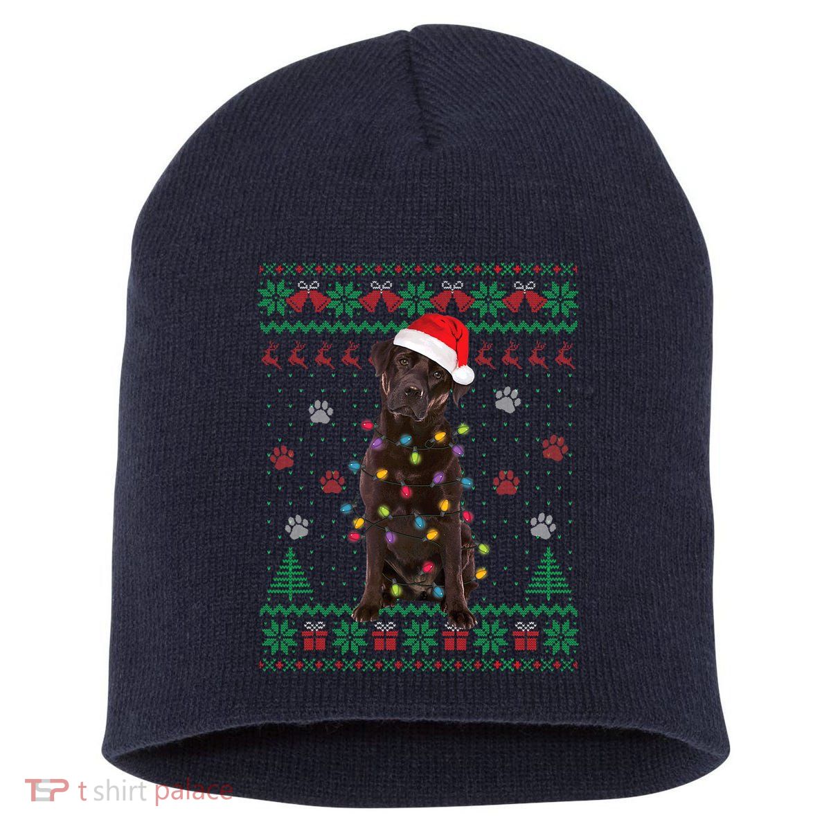 Chocolate Lab Labrador Christmas Lights Dog Ugly Sweater Short Acrylic Beanie