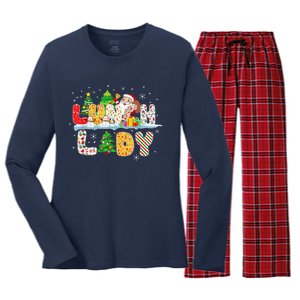 Cute Lunch Lady Funny Christmas Tree Santa Family Xmas Gifts Women's Long Sleeve Flannel Pajama Set 