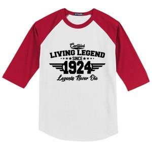 Certified Living Legend Since 1924 Legends Never Die 100th Birthday Kids Colorblock Raglan Jersey