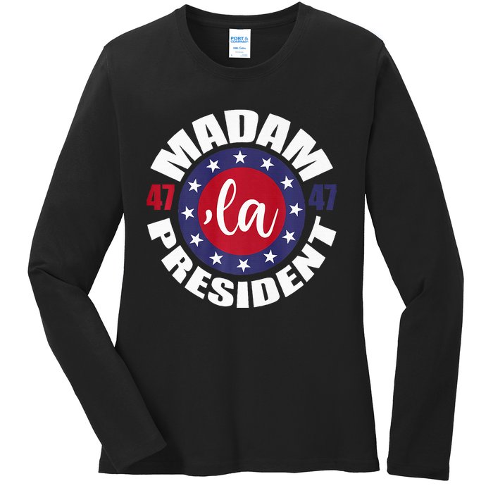 Comma La Madam President 47 Harris For President 2024 Vote Ladies Long Sleeve Shirt