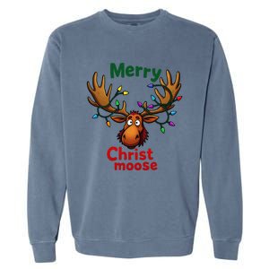 Christmas Lights Moose Merry Christmoose Garment-Dyed Sweatshirt