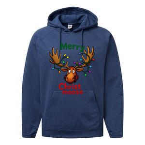 Christmas Lights Moose Merry Christmoose Performance Fleece Hoodie