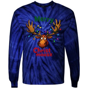 Christmas Lights Moose Merry Christmoose Tie-Dye Long Sleeve Shirt