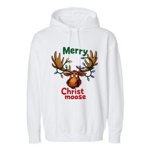 Christmas Lights Moose Merry Christmoose Garment-Dyed Fleece Hoodie