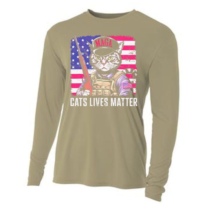 Cat Lives Matter Funny Trump 2025 Vintage Usa Flag Cooling Performance Long Sleeve Crew