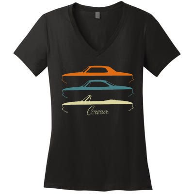 Corvair Late Model Slihouettes 1965 1966 1967 1968 1969 Women's V-Neck T-Shirt