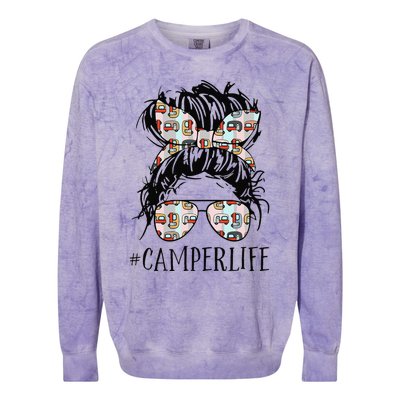 Camper Life Messy Bun Hair Mother's Day Camping Loverss Colorblast Crewneck Sweatshirt