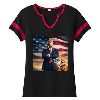 Cat Lives Matter Vote For Trump Usa Flag Funny Election Ladies Halftime Notch Neck Tee