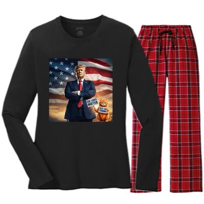 Cat Lives Matter Vote For Trump Usa Flag Funny Election Women's Long Sleeve Flannel Pajama Set 