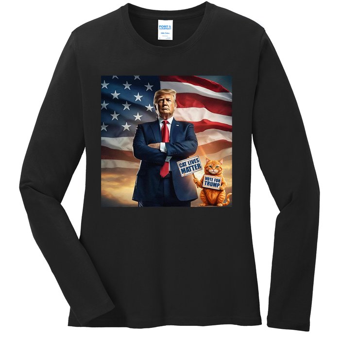 Cat Lives Matter Vote For Trump Usa Flag Funny Election Ladies Long Sleeve Shirt