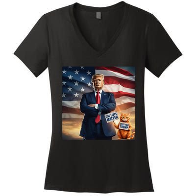 Cat Lives Matter Vote For Trump Usa Flag Funny Election Women's V-Neck T-Shirt