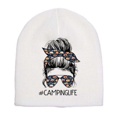 Camping Life Messy Bun Hair Mother's Day Camping Lovers Short Acrylic Beanie