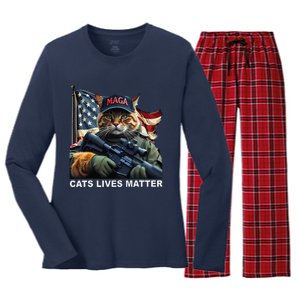 Cats Lives Matter Funny Trump 2024 Cat Maga Gift Women's Long Sleeve Flannel Pajama Set 