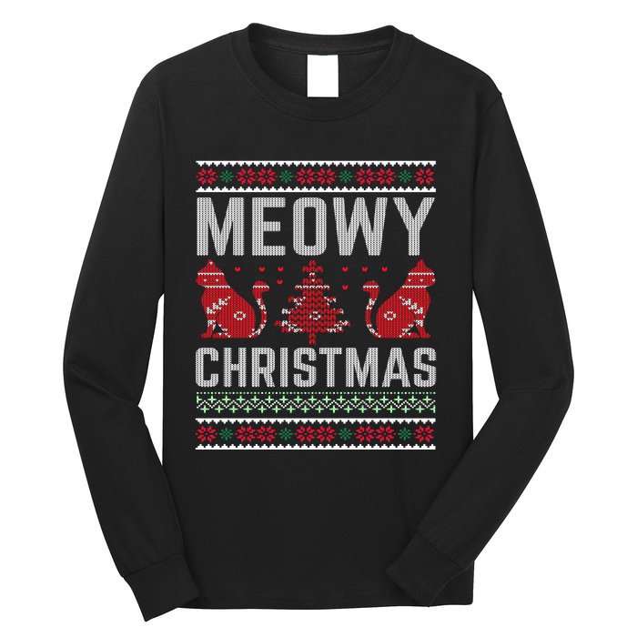 Cat Lovers Meowy Christmas Ugly Sweater Graphic Cool Xmas Trendy Long Sleeve Shirt