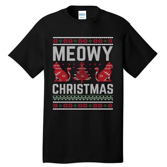 Cat Lovers Meowy Christmas Ugly Sweater Graphic Cool Xmas Trendy Tall T-Shirt