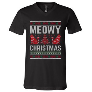 Cat Lovers Meowy Christmas Ugly Sweater Graphic Cool Xmas Trendy V-Neck T-Shirt