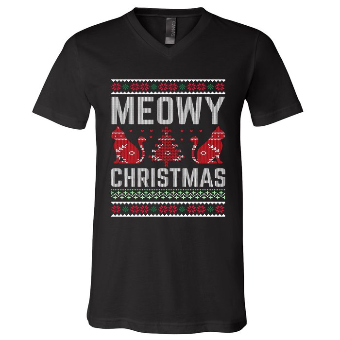 Cat Lovers Meowy Christmas Ugly Sweater Graphic Cool Xmas Trendy V-Neck T-Shirt