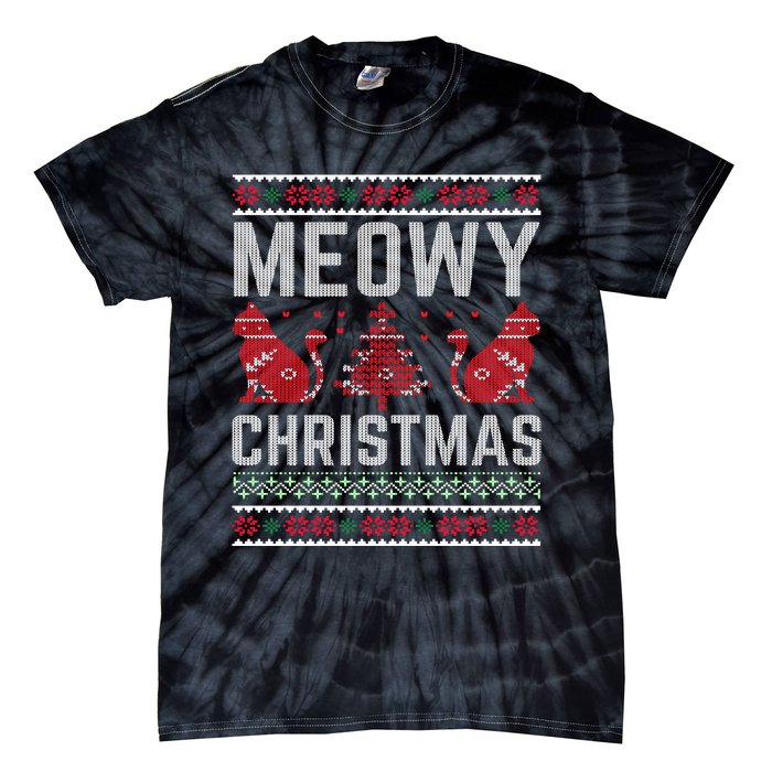 Cat Lovers Meowy Christmas Ugly Sweater Graphic Cool Xmas Trendy Tie-Dye T-Shirt