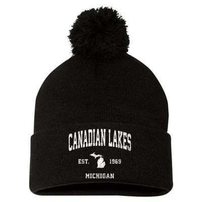 Canadian Lakes Michigan Mi Vintage Athletic Pom Pom 12in Knit Beanie