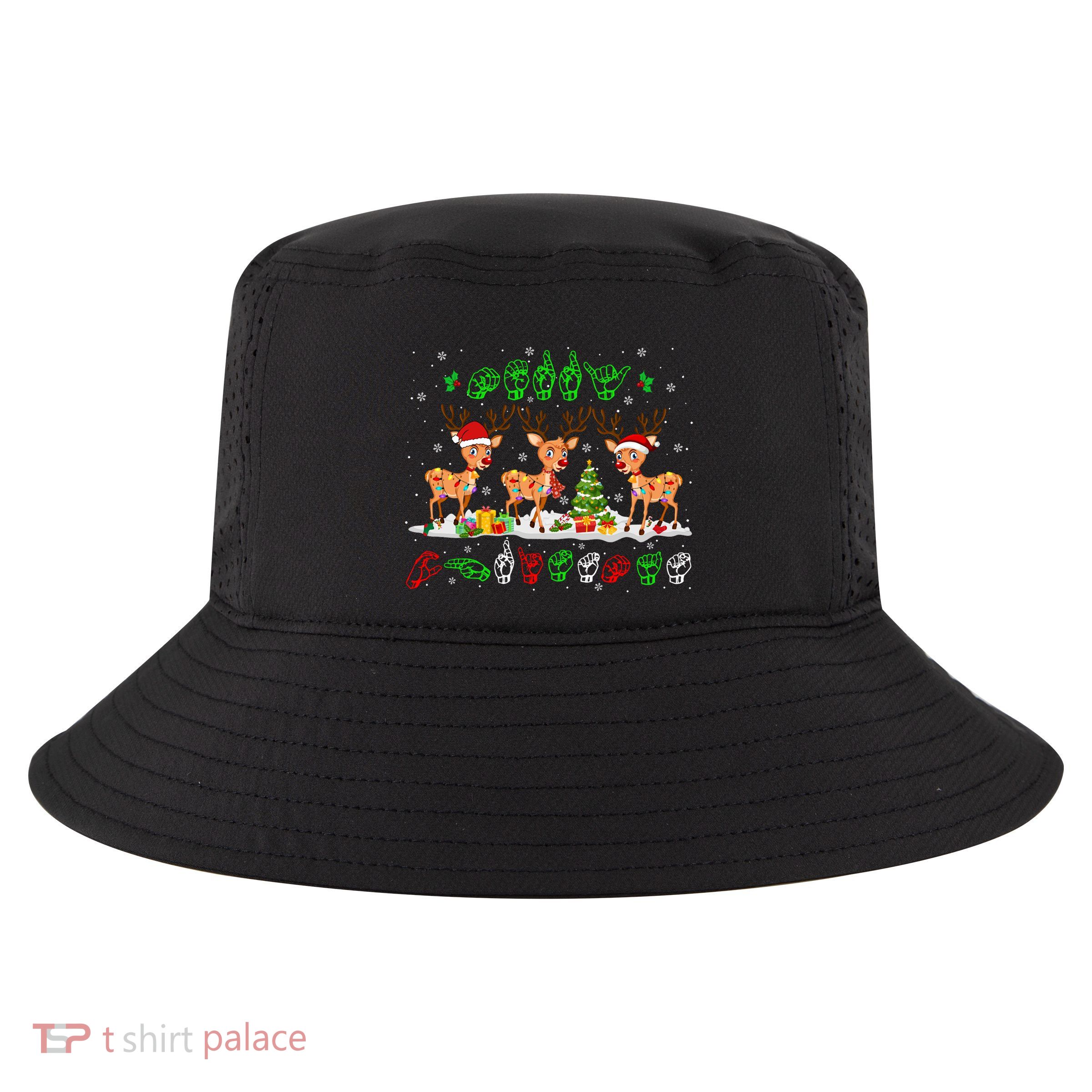 Christmas Lights Merry Christmas Reindeer Asl Sign Language Cool Comfort Performance Bucket Hat