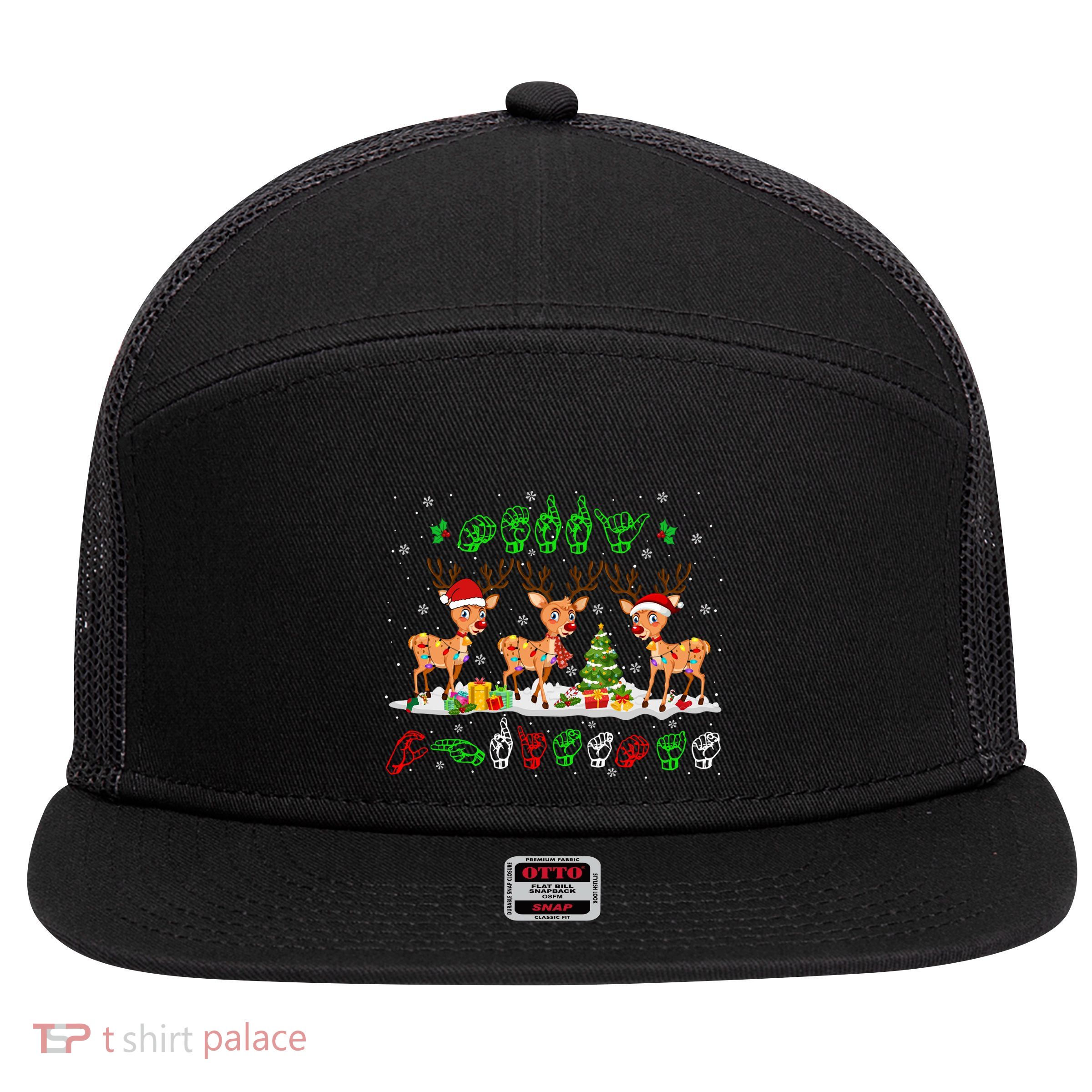 Christmas Lights Merry Christmas Reindeer Asl Sign Language 7 Panel Mesh Trucker Snapback Hat