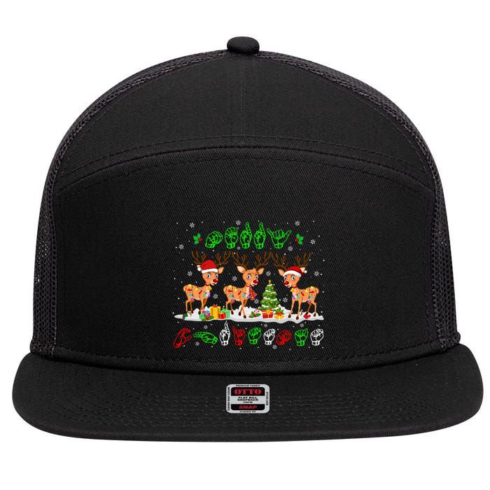Christmas Lights Merry Christmas Reindeer Asl Sign Language 7 Panel Mesh Trucker Snapback Hat