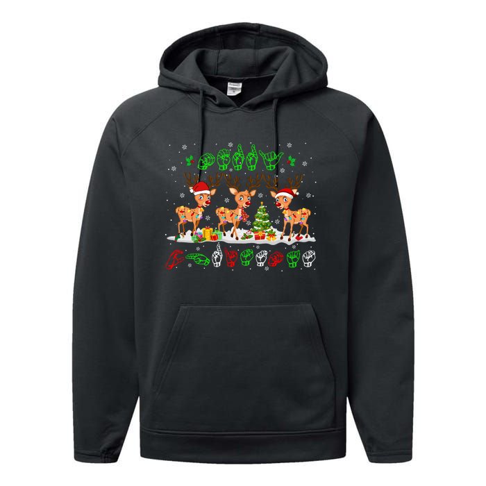 Christmas Lights Merry Christmas Reindeer Asl Sign Language Performance Fleece Hoodie