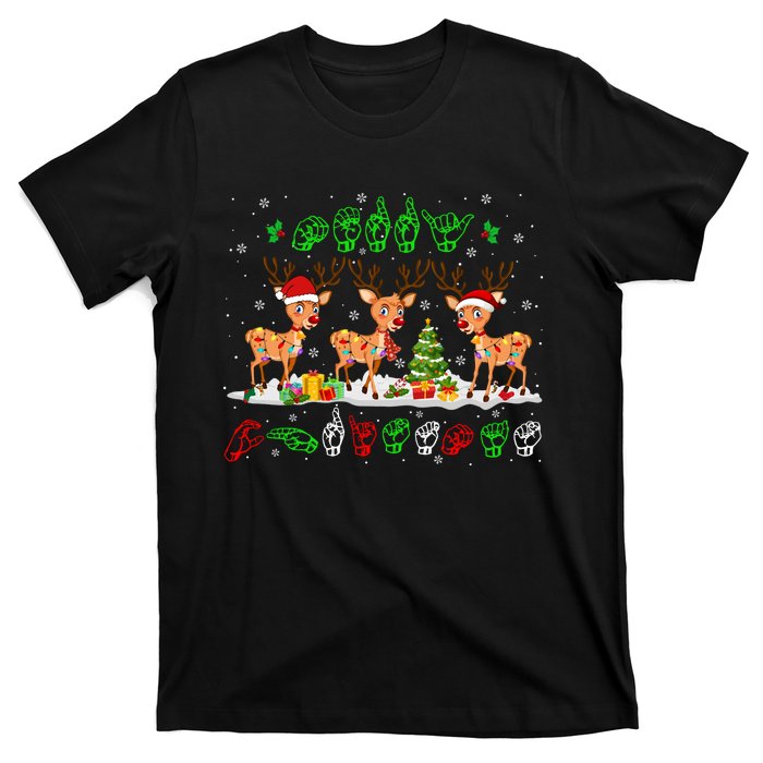 Christmas Lights Merry Christmas Reindeer Asl Sign Language T-Shirt