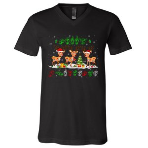 Christmas Lights Merry Christmas Reindeer Asl Sign Language V-Neck T-Shirt