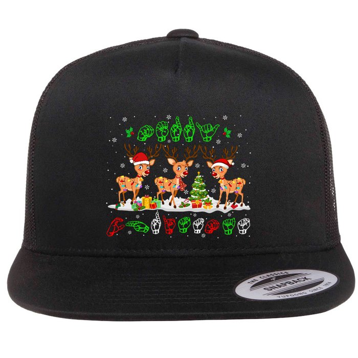 Christmas Lights Merry Christmas Reindeer Asl Sign Language Flat Bill Trucker Hat