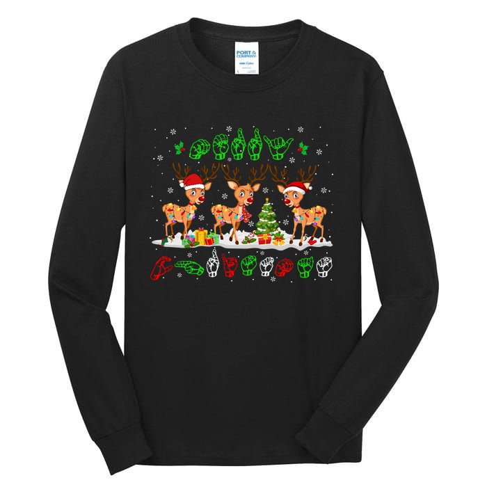 Christmas Lights Merry Christmas Reindeer Asl Sign Language Tall Long Sleeve T-Shirt