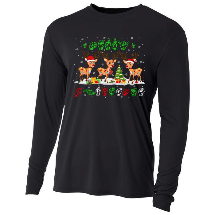 Christmas Lights Merry Christmas Reindeer Asl Sign Language Cooling Performance Long Sleeve Crew