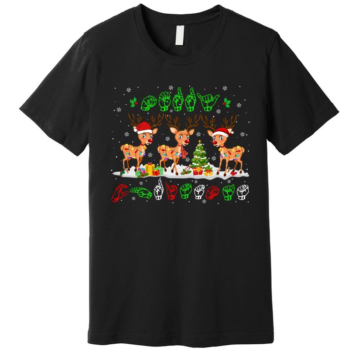 Christmas Lights Merry Christmas Reindeer Asl Sign Language Premium T-Shirt