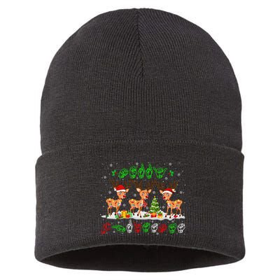 Christmas Lights Merry Christmas Reindeer Asl Sign Language Sustainable Knit Beanie
