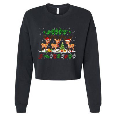 Christmas Lights Merry Christmas Reindeer Asl Sign Language Cropped Pullover Crew
