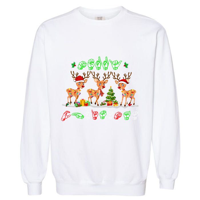 Christmas Lights Merry Christmas Reindeer Asl Sign Language Garment-Dyed Sweatshirt