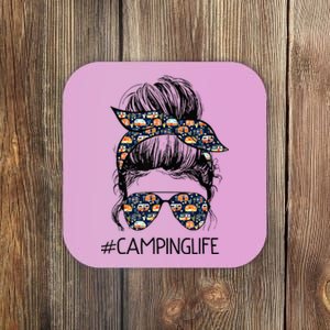 Camping Life Messy Bun Hair Mother's Day Camping Lovers Coaster