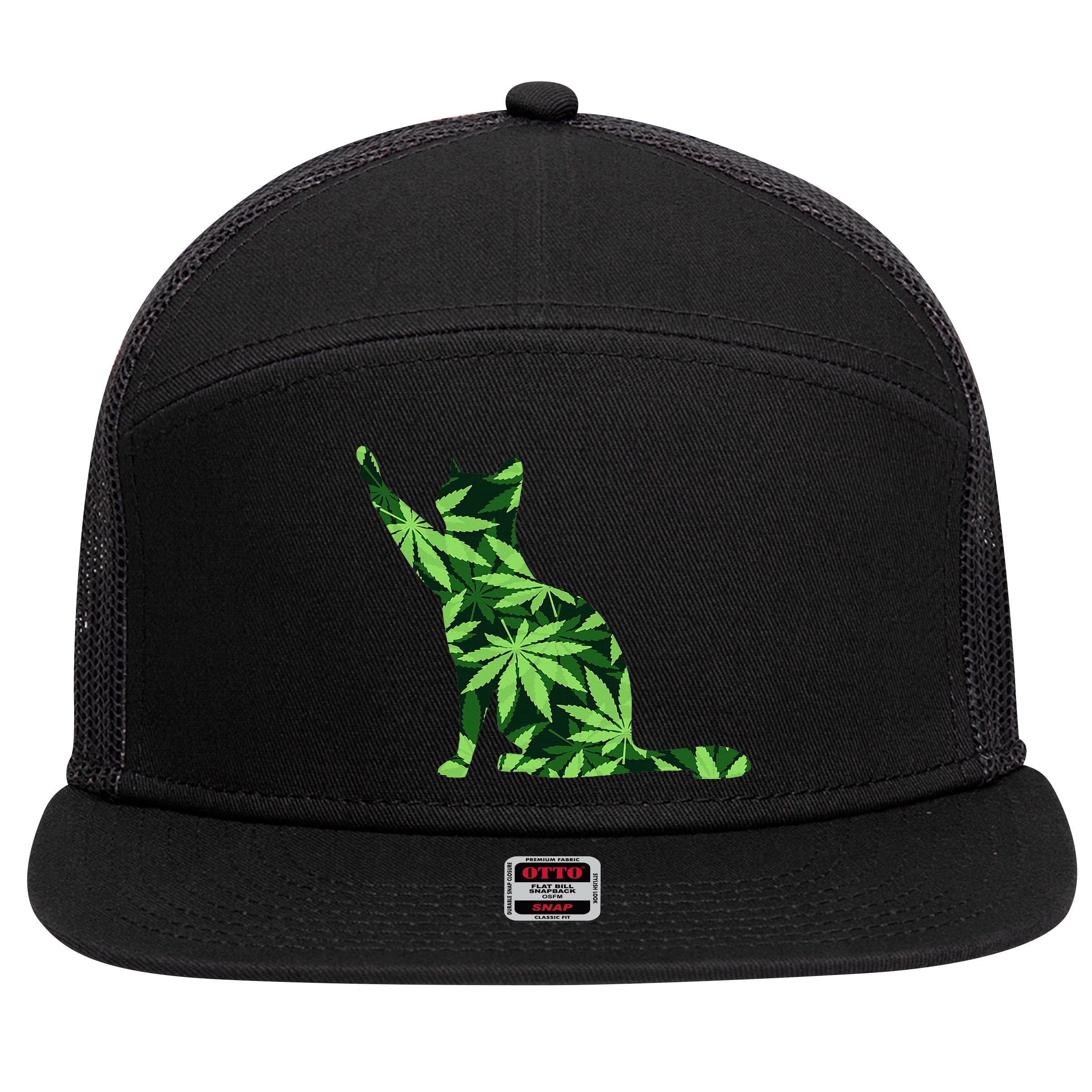 Cat Lover Marijuana Weed Smoker Funny Leaf Cannabis 7 Panel Mesh Trucker Snapback Hat