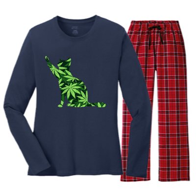 Cat Lover Marijuana Weed Smoker Funny Leaf Cannabis Women's Long Sleeve Flannel Pajama Set 