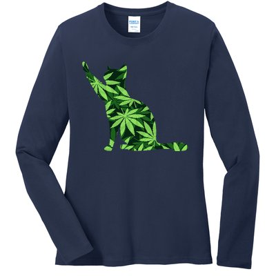 Cat Lover Marijuana Weed Smoker Funny Leaf Cannabis Ladies Long Sleeve Shirt