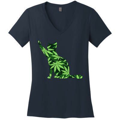 Cat Lover Marijuana Weed Smoker Funny Leaf Cannabis Women's V-Neck T-Shirt