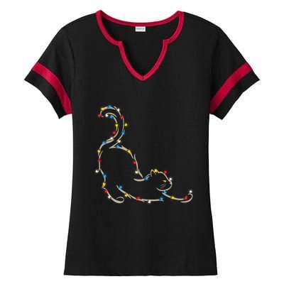 Christmas Lights Meowy Cat Pet Collection Gift Ladies Halftime Notch Neck Tee