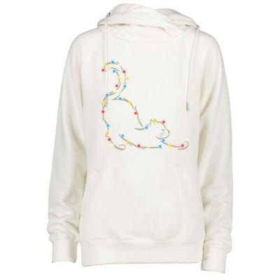 Christmas Lights Meowy Cat Pet Collection Gift Womens Funnel Neck Pullover Hood