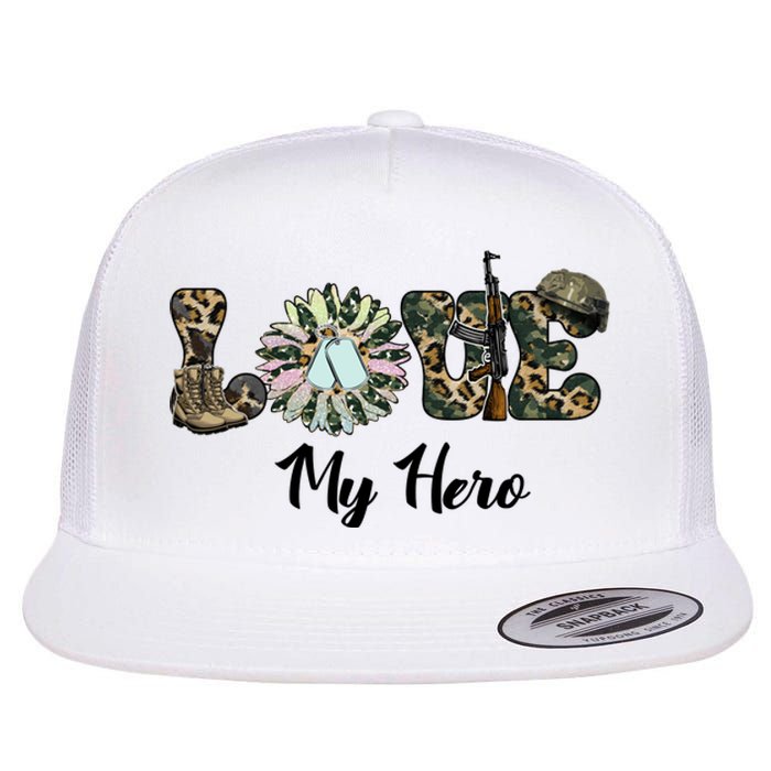 Camo Love My Hero Veteran Dad Gift Father's Day Flat Bill Trucker Hat