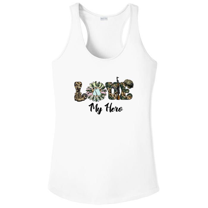 Camo Love My Hero Veteran Dad Gift Father's Day Ladies PosiCharge Competitor Racerback Tank