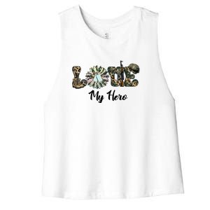 Camo Love My Hero Veteran Dad Gift Father's Day Women's Racerback Cropped Tank