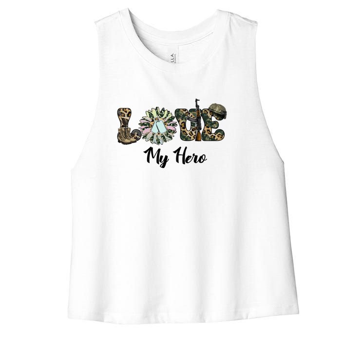 Camo Love My Hero Veteran Dad Gift Father's Day Women's Racerback Cropped Tank