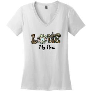 Camo Love My Hero Veteran Dad Gift Father's Day Women's V-Neck T-Shirt