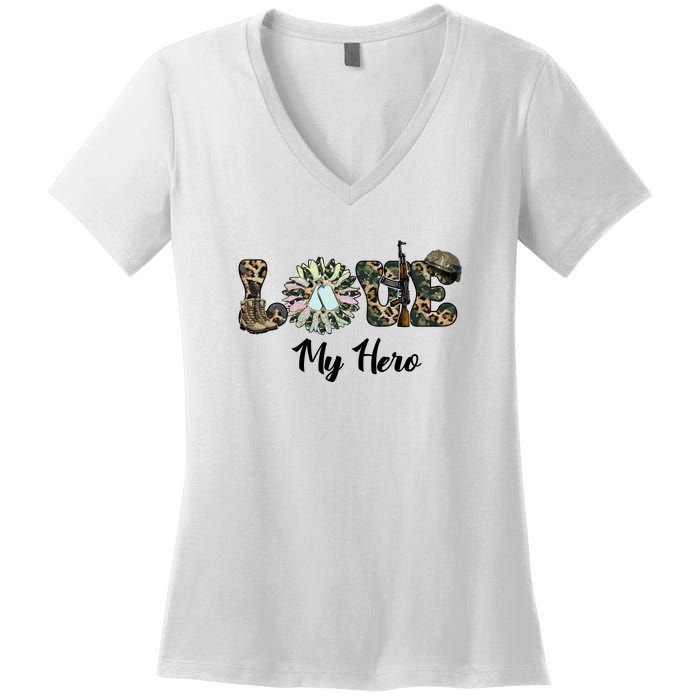 Camo Love My Hero Veteran Dad Gift Father's Day Women's V-Neck T-Shirt